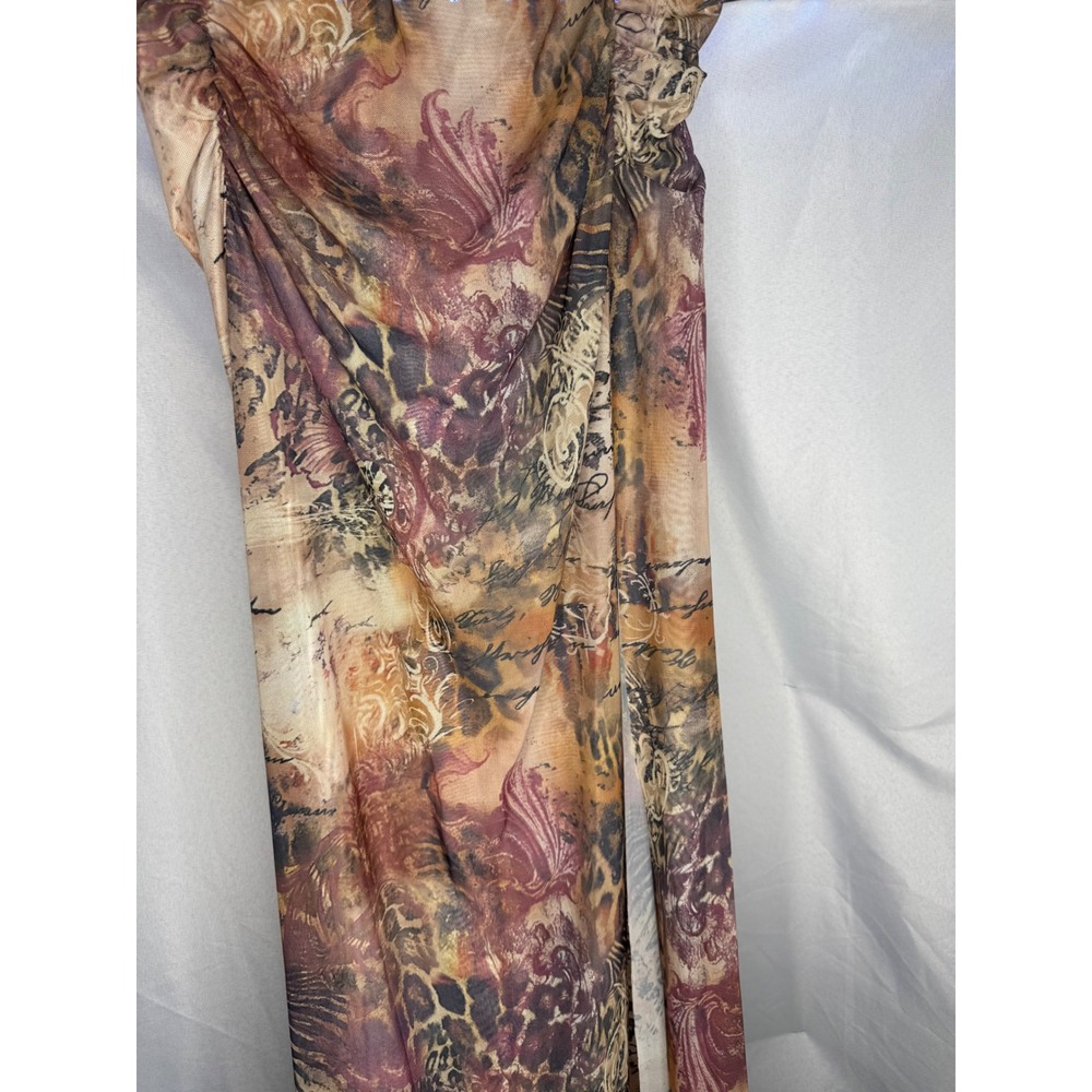 Vintage Mesh Maxi Dress Leopard Floral Script Print Ruffle Trim Bodycon Brown - Picture 9 of 13
